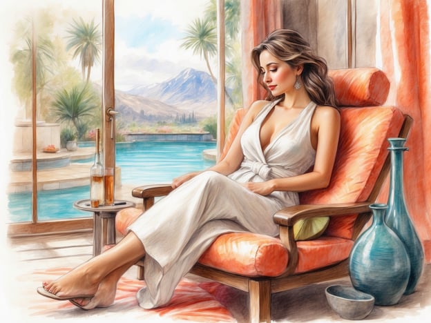 Auf dem Bild ist eine entspannende Szene zu sehen. Eine Frau sitzt auf einem bequemen Sessel in einem hellen Raum mit großen Fenstern, durch die man eine schöne Aussicht auf einen Pool und die umgebende Natur hat. Die Atmosphäre ist ruhig und einladend, ideal für Freizeit- und Wellnessmöglichkeiten.
Hier könnte man beispielsweise beim Lesen eines Buches entspannen oder sich mit einem erfrischenden Getränk verwöhnen. Der Blick auf den Pool und die Palmen schafft eine harmonische Umgebung, perfekt für Erholung und Entspannung. Man könnte auch darüber nachdenken, einen Wellness-Tag zu genießen, vielleicht mit Massagen oder Yoga in dieser idyllischen Kulisse.