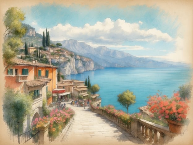 Eine malerische Aussicht auf den Gardasee mit einer geschwungenen Treppe, die zu einem schönen Ufer führt. Entlang der Treppe stehen bunt blühende Blumen und mediterrane Häuser mit terrakottafarbenen Fassaden. Im Hintergrund sind majestätische Berge und ein klarer blauer Himmel mit sanften Wolken sichtbar. Der Gardasee schimmert in verschiedenen Blautönen und vermittelt ein Gefühl von Ruhe und natürlicher Schönheit. Wie groß ist der Gardasee?
