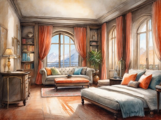 Auf dem Bild ist ein stilvolles Zimmer zu sehen, das eine Kombination aus Wohn- und Schlafbereich zeigt. Die Ausstattung umfasst:
- **Fenster** mit großen Rundbögen, die einen Blick auf die Berge bieten und viel Licht hereinlassen.
- **Ein Sofa** im klassischen Stil, das mit bunten Kissen dekoriert ist, eine Kombination aus Türkis- und Orangetönen.
- **Ein Couchtisch** in der Mitte des Raumes.
- **Regale** an der Wand mit Bücher und dekorativen Objekten.
- **Ein Bett** im hinteren Bereich, das modern und einladend wirkt, ebenfalls in passenden Farben.
- **Vorhänge** in kräftigen Farben, die dem Raum eine warme Atmosphäre verleihen.
- **Eine Stehlampe** und eine kleine Kommode, die zusätzlichen Stauraum bieten.
Der Raum strahlt eine gemütliche und einladende Stimmung aus.