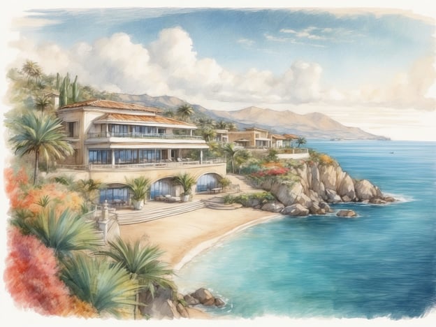 Auf dem Bild ist eine malerische Küstenlandschaft zu sehen. Im Vordergrund befindet sich ein luxuriöses Gebäude, das an einem Strand liegt, umgeben von üppiger Vegetation und Palmen. Die Architektur des Hauses ist elegant, mit großen Fenstern und mehreren Terrassen, die einen herrlichen Blick auf das Meer bieten.
Der Strand erstreckt sich sanft und geht ins klare, türkisfarbene Wasser über. Im Hintergrund erheben sich sanfte Hügel oder Berge, die von Wolken umhüllt sind, was dem Landschaftsbild eine entspannende und idyllische Atmosphäre verleiht. Insgesamt vermittelt die Szenerie ein Gefühl von Ruhe und Luxus in einer tropischen Umgebung.