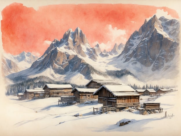 Auf dem Bild sind schneebedeckte Berge und eine malerische, winterliche Landschaft mit Holzchalets zu sehen. Diese Szenerie lädt zu einem Urlaub in den Bergen ein, ideal für Skifahrer oder Wanderler.**Reise- und Unterkunftstipps:**1. **Zielort wählen:** Überlege dir, in welche Gebirgsregion du reisen möchtest, z.B. die Alpen oder die Dolomiten, die für ihre atemberaubenden Landschaften und ausgezeichneten Wintersportmöglichkeiten bekannt sind.2. **Unterkunft:** Suche nach gemütlichen Chalets oder Berghütten, die oft eine authentische Atmosphäre bieten. Viele von ihnen haben Kaminöfen, perfekt für kalte Winterabende.3. **Aktivitäten:** Plane sowohl Skifahren als auch Winterwanderungen. Viele Skiorte bieten auch Langlaufloipen und Schneeschuhwanderungen an.4. **Anreise:** Wenn du mit dem Auto reist, informiere dich vorab über die Straßenbedingungen in den Bergen, besonders im Winter. Alternativ sind Bahnverbindungen oft sehr gut ausgebaut und bringen dich direkt in die Berge.5. **Packliste:** Denk daran, warme Kleidung, wasserdichte Schuhe und geeignete Outdoor-Ausrüstung einzupacken, um das Beste aus deinem Aufenthalt herauszuholen.Nutze die Gelegenheit, die winterliche Schönheit der Berge zu genießen!
