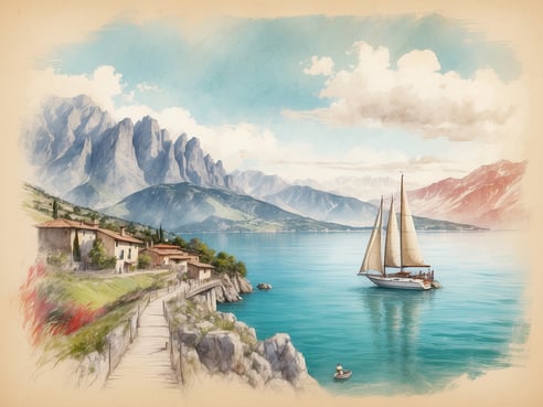 Ein malerischer Ausblick auf den Gardasee mit einem Segelboot, das ruhig auf dem klaren Wasser fährt. Im Hintergrund erheben sich majestätische Berge, deren Gipfel teilweise von Wolken umschlungen sind. Am Ufer sind charmante, rustikale Häuser zu sehen, umgeben von üppigem Grün und bunten Blumen. Ein Holzsteg führt entlang der Küste, während sich ein kleinerer Bootfahrer in der Nähe des Ufers aufhält. Diese Szenerie lädt zu Aktivitäten wie Segeln, Wandern oder einfach zum Entspannen am Wasser ein.