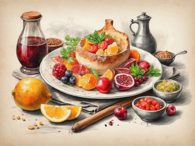 Auf dem Bild sind verschiedene Früchte und eine Art gefüllter Teigschale zu sehen, umgeben von frischen Kräutern und Beilagen. In Dresden kann man bei einem gastronomischen Erlebnis oft frische und saisonale Produkte genießen.
Restaurants wie das „Kastenmeindl“ bieten lokale und internationale Küche, die auf frischen Zutaten basiert. Besonders hervorzuheben sind die vielfältigen Obst- und Gemüsegerichte, die regionale Spezialitäten hervorheben. In der Altstadt findet man zahlreiche Cafés, die köstliche Desserts und fruchtige Erfrischungen anbieten, perfekt für eine süße Pause nach einem Spaziergang entlang der Elbe oder durch die historische Stadt.