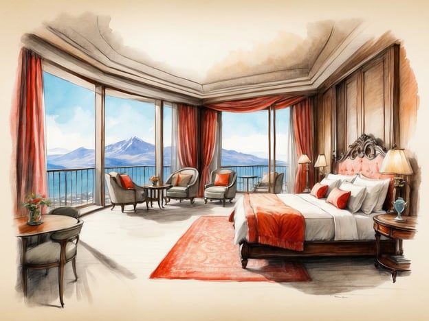 Auf dem Bild ist eine luxuriöse Hotelzimmer-Suite zu sehen. Die Suite ist hell und großzügig gestaltet, mit großen Fenstern, die einen beeindruckenden Blick auf eine Berglandschaft und einen See ermöglichen.
Die Ausstattung umfasst ein großes Bett mit elegantem Kopfteil, bequeme Sessel und Tisch, sowie dekorative Elemente wie einen roten Teppich und Vorhänge. Es scheint ein harmonisches Zusammenspiel von Komfort und Stil zu sein, ideal für einen entspannenden Aufenthalt. Die insgesamt freundliche Atmosphäre der Suite wird durch das natürliche Licht und die geschmackvolle Einrichtung unterstrichen.