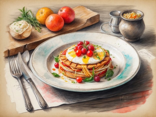 Auf dem Bild ist ein kunstvoll angerichteter Teller mit einem Gericht zu sehen, das aus mehreren Schichten besteht. Es könnte sich um einen herzhaften Pfannkuchen oder eine Art Burger handeln, der mit einem Spiegelei gekrönt ist. Daneben befinden sich frische Kirschtomaten und einige grüne Blätter, die für eine ansprechende Präsentation sorgen.
Im Hintergrund liegen einige Äpfel und eine kleine Schüssel mit was aussieht wie eine Beilage oder ein Dip. Die Kombination aus Zutaten und die ansprechende Anrichtung lassen darauf schließen, dass es sich um ein gastronomisches Angebot handelt, das sowohl optisch als auch geschmacklich ansprechend ist.