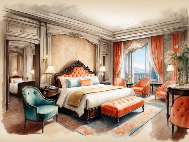 Auf dem Bild ist ein luxuriöses Hotelzimmer zu sehen, das stilvoll eingerichtet ist. Es beinhaltet ein großes Bett mit eleganter Bettwäsche, dekorativen Kissen und einem gemütlichen Fußteil. Die Wände sind geschmackvoll gestaltet, und große Fenster bieten einen herrlichen Ausblick auf die Umgebung.
Die Annehmlichkeiten des Zimmers umfassen bequeme Sessel und Tische zum Entspannen, sowie eine angenehme Beleuchtung durch Tischlampen. Die harmonischen Farbnuancen und das stilvolle Mobiliar schaffen eine entspannende Atmosphäre. Es scheint, dass der Service des Hotels hohe Standards bietet, um den Gästen einen komfortablen und unvergesslichen Aufenthalt zu gewährleisten.