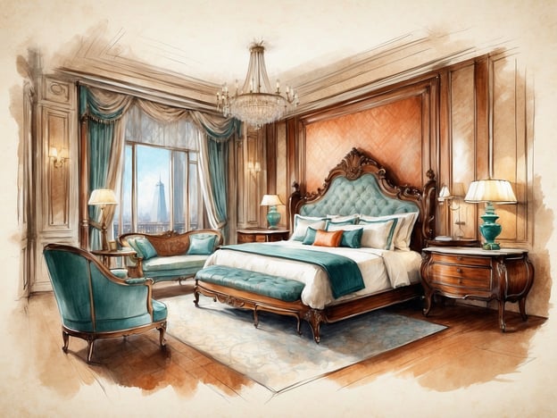 Auf dem Bild ist ein elegantes Schlafzimmer zu sehen, das mit luxuriösen Möbeln und einer stilvollen Farbpalette gestaltet ist. Die Highlights umfassen:
- **Prächtiges Himmelbett**: Das Bett hat eine kunstvoll gestaltete Kopfteil mit einem edlen Stoffbezug.
- **Eingeschlossene Sitzbereiche**: Eine gemütliche Sitzecke mit einem eleganten Sessel und einem Couchtisch lädt zum Entspannen ein.
- **Große Fenster**: Diese ermöglichen einen herrlichen Ausblick und lassen viel Tageslicht herein.
- **Stilvolle Dekoration**: Die Kombination aus Holz, sanften Farben und feinen Materialien vermittelt ein Gefühl von Opulenz.
- **Wandverkleidungen**: Die Wände sind geschmackvoll mit Holzverkleidungen und feinen Textilien dekoriert.
Die gesamte Atmosphäre strahlt Wohlbefinden und Luxus aus.