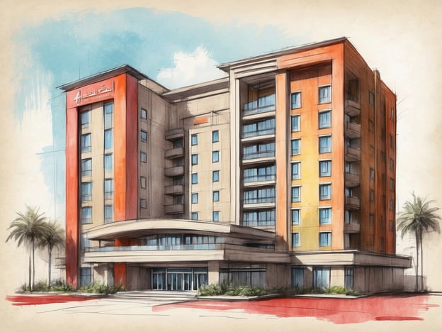 Auf dem Bild ist eine Skizze oder ein künstlerisches Rendering eines modernen Hotels zu sehen. Es ist mehrstöckig und hat eine auffällige Fassade mit verschiedenen Farben, darunter Rot und Orange. Die Architektur wirkt einladend und zeitgemäß, mit großen Fenstern und einem überdachten Eingangsbereich. Zu sehen sind auch Palmen, die dem Bild ein tropisches Flair verleihen.
Über das Leonardo Hotel Hamburg Airport: Dieses Hotel bietet eine komfortable Unterkunft in der Nähe des Hamburger Flughafens. Es ist ideal für Reisende, die bequemen Zugang zum Flughafen suchen, sowie für Geschäftsreisende und Touristen, die die Stadt erkunden möchten. Das Hotel zeichnet sich durch modernen Komfort und eine Vielzahl von Annehmlichkeiten aus.