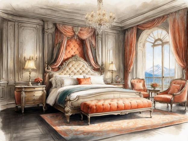 Auf dem Bild ist ein elegantes Schlafzimmer zu sehen, das durch seine stilvolle Einrichtung besticht. Die Wände sind kunstvoll gestaltet, und das opulente Bett mit einem gepolsterten Kopfteil lädt zum Entspannen ein. Seitlich stehen gemütliche Sessel, die zum Verweilen einladen, und ein kleiner Tisch mit einer Blumendekoration sorgt für einen Hauch von Farbe.
Das Zimmer verfügt über ein großes Fenster, das einen herrlichen Blick auf die Berge bietet, was für eine ruhige und inspirierende Atmosphäre sorgt. Eine elegante Stehlampe und ein kunstvolles Kronleuchter schaffen warmes Licht und vermitteln ein Gefühl von Luxus. Die Kombination aus warmen Farbtönen und stilvollen Accessoires macht den Raum besonders einladend und gemütlich – ideal für einen erholsamen Aufenthalt.