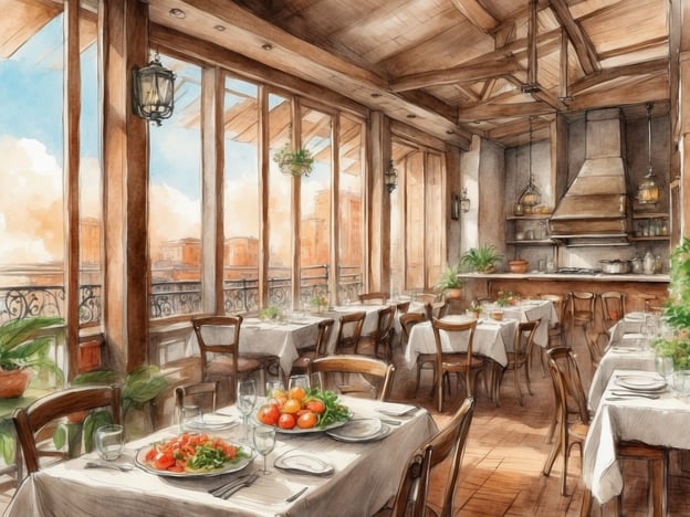 Auf dem Bild ist ein elegantes Restaurant zu sehen. Der Raum hat große Fenster, die viel Licht hereinlassen und einen schönen Ausblick bieten. Die Tische sind schön gedeckt, mit frischen Zutaten wie Salat und Tomaten auf den Tellern. Die Einrichtung ist rustikal und einladend, mit Holzdetails und Pflanzen, die eine gemütliche Atmosphäre schaffen. Im Hintergrund sieht man eine offene Küche, die den Gästen einen Einblick in die Zubereitung der Speisen ermöglicht.
