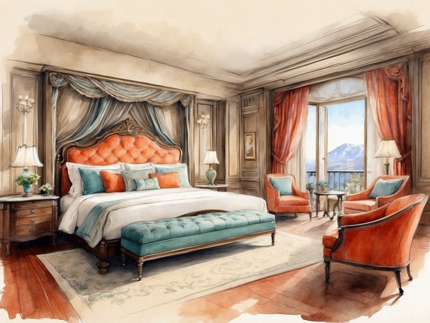 Auf dem Bild ist ein elegantes Hotelzimmer zu sehen. Es ist geschmackvoll eingerichtet und bietet eine luxuriöse Atmosphäre. Der große, gepolsterte Kopfbereich des Bettes in warmen Orangetönen und die harmonisch abgestimmten Kissen verleihen dem Raum eine einladende Note. Ein stilvoller Hocker sowie bequeme Sessel in sanften Blau- und Orangetönen ergänzen die Einrichtung.
Die Fenster sind offen und bieten einen schönen Blick auf die Berge, was dem Zimmer zusätzliches Licht und eine angenehme Aussicht verleiht. Die Wände sind geschmackvoll dekoriert, und die sanfte Beleuchtung sorgt für ein gemütliches Ambiente. Insgesamt vermittelt das Hotelzimmer einen Eindruck von Komfort und Stil, ideal für einen entspannenden Aufenthalt.