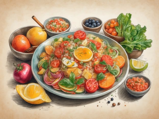 Auf dem Bild ist eine abwechslungsreiche und farbenfrohe Präsentation kulinarischer Vielfalt zu sehen. Im Mittelpunkt steht ein großer Teller mit einem bunten Salat, der verschiedene Gemüsesorten wie Tomaten, Paprika und Zwiebeln enthält, ergänzt durch frische Kräuter. Obenauf befindet sich ein pochiertes Ei, das dem Gericht eine cremige Note verleiht.
Rund um den Salat sind verschiedene Beilagen arrangiert: Schalen mit frischen Beeren, Kirschtomaten, Apfel- und Zitronenschnitzen sowie etwas grünem Salat. Außerdem gibt es eine kleine Schale mit einer Salsa-artigen Mischung, die als würzige Begleitung dient. Diese Zusammenstellung spiegelt die Vielfalt und Frische der Zutaten wider, die in der modernen Küche geschätzt werden.
