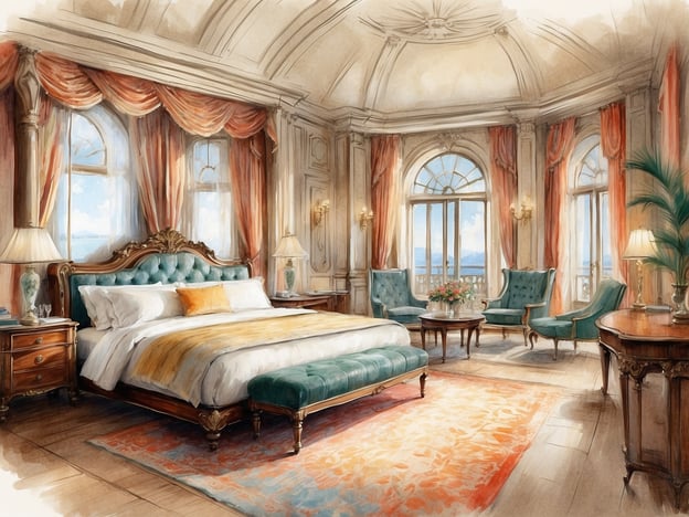 Auf dem Bild ist ein elegantes und luxuriöses Schlafzimmer zu sehen. Es zeichnet sich durch große Fenster mit Aussicht und stilvolle Vorhänge aus, die eine freundliche Atmosphäre schaffen.
Das Bett hat eine ansprechende, gepolsterte Rückenlehne und ist mit hochwertigen Bettwaren ausgestattet. Neben dem Bett befinden sich zwei Nachttische mit Tischlampen, die für sanftes Licht sorgen.
In dem Raum befinden sich auch zwei komfortable Sessel und ein Couchtisch, die zum Entspannen einladen. Der Teppich und die stilvollen Möbel verleihen dem Raum eine warme und einladende Note. Die gesamte Einrichtung ist geprägt von klassischem Design und Eleganz, was es zu einem perfekten Rückzugsort macht.
Die Annehmlichkeiten und Services könnten eine Minibar, Zimmerservice und möglicherweise einen Concierge-Service umfassen, um den Aufenthalt noch angenehmer zu gestalten.