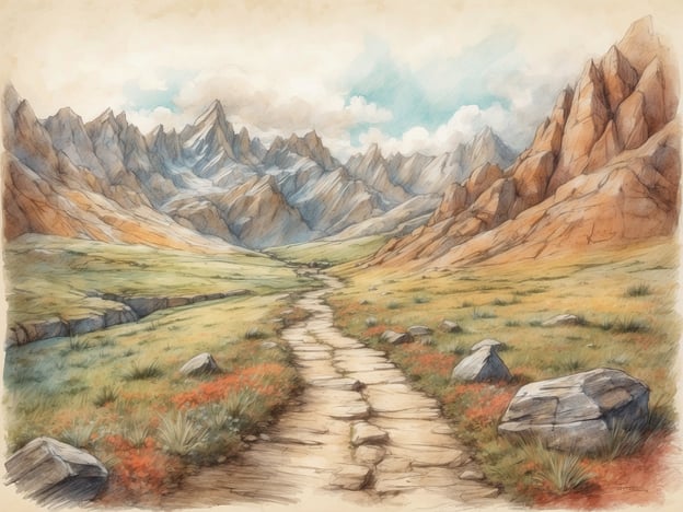 Auf dem Bild ist eine malerische Landschaft mit majestätischen Bergen und einem klaren Weg zu sehen, der durch eine grüne Wiese führt. In der Umgebung könnten verschiedene Freizeitaktivitäten stattfinden, wie zum Beispiel:
1. **Wandern**: Die gezeichnete Strecke lädt dazu ein, die Natur zu erkunden.
2. **Bergsteigen**: Die steilen Berge bieten Herausforderungen für anspruchsvolle Kletterer.
3. **Picknicken**: Der grüne Wiesenbereich wäre ideal für ein gemütliches Picknick im Freien.
4. **Fotografie**: Die wunderschöne Landschaft bietet viele Möglichkeiten für Fotografie-Enthusiasten.
5. **Naturbeobachtungen**: In dieser idyllischen Umgebung könnte man Tiere und Pflanzen beobachten.
Insgesamt vermittelt das Bild ein Gefühl von Ruhe und der Möglichkeit, die Natur zu genießen.
