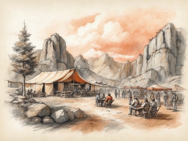 Auf dem Bild ist eine Szenerie mit einem Lager oder einem Markt in einer bergigen Umgebung zu sehen. Es gibt Zelte und Menschen, die sich versammeln, möglicherweise um zu handeln oder sich auszutauschen. Die Landschaft ist durch hohe Felsen und eine warme, orangefarbene Himmelstönung geprägt.
In der Nähe gibt es Freizeitmöglichkeiten wie Wandern, Klettern oder Sightseeing in den Bergen. Einige Regionen bieten auch geführte Touren oder Abenteueraktivitäten wie Ziplining oder Mountainbiking an. Ein Besuch in einem nahegelegenen Nationalpark könnte ebenfalls eine großartige Option sein, um die Natur zu genießen.