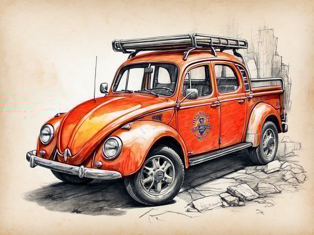 Auf dem Bild ist ein orangefarbener Volkswagen Käfer zu sehen, der als Pick-up umgebaut wurde.**Wichtige Meilensteine:**1. **Design und Geschichte**: Der Volkswagen Käfer wurde in den 1930er Jahren entworfen und wurde zu einem der bekanntesten Autos der Welt.2. **Produktion**: Die Produktion begann offiziell 1945, und das Auto wurde in Millionenstückzahlen hergestellt.3. **Kultstatus**: In den 1960er Jahren erlangte der Käfer Kultstatus, insbesondere in der Jugendkultur.4. **Umbauten und Variationen**: Der Käfer erlebte viele Varianten, darunter der Pick-up, der für Transportzwecke angepasst wurde.5. **Restaurierung und Popularität**: Heute sind restaurierte Käfer sehr beliebt bei Autoenthusiasten und Oldtimer-Liebhabern.