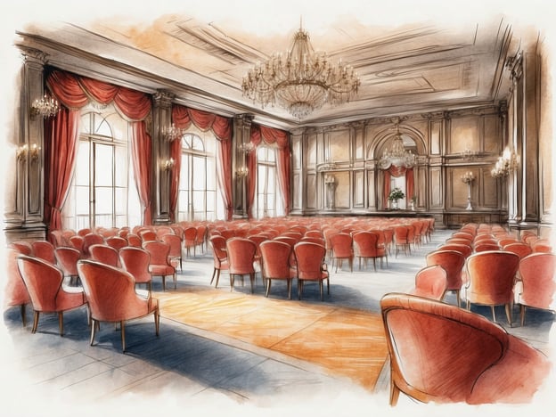 Auf dem Bild ist ein eleganter Veranstaltungsraum zu sehen, der für geschäftliche Anlässe geeignet ist. Der Raum ist mit roten Samtstühlen ausgestattet und hat große Fenster, die viel Licht hereinlassen. Eine eindrucksvolle Kristalllüster hängt von der Decke, und die Wände sind geschmackvoll dekoriert.
Dieser Raum eignet sich hervorragend für Konferenzen, Präsentationen oder Bankette und könnte mit modernen Business-Services wie Audiovisuellem Equipment, Catering und Event-Management ergänzt werden.