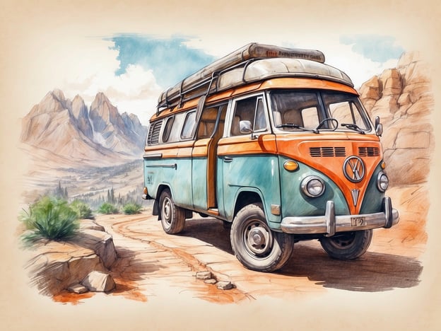 Auf dem Bild ist ein farbenfroher VW-Bus zu sehen, der auf einem kurvigen Weg in einer malerischen Berglandschaft steht. Diese Szenerie könnte eine ideale Kulisse für verschiedene Freizeitangebote und Aktivitäten bieten, wie zum Beispiel:
1. **Camping**: Der VW-Bus ist perfekt für einen Campingausflug geeignet, um die Natur hautnah zu erleben.
2. **Wanderungen**: Die umliegenden Berge laden dazu ein, die Umgebung zu Fuß zu erkunden und Wanderungen zu unternehmen.
3. **Fahrradtouren**: Die Landschaft könnte auch ideale Strecken für Mountainbiketouren bieten.
4. **Fotografie**: Diese malerische Kulisse ist ein Traum für Fotografen, die die Schönheit der Natur festhalten möchten.
5. **Picknicks**: Ein gemütliches Picknick in der Natur wäre ebenfalls eine schöne Aktivität.
Insgesamt vermittelt das Bild ein Gefühl von Abenteuer und Freizeitgestaltung in der Natur.