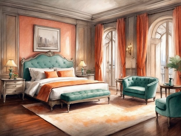 Auf dem Bild ist ein elegantes Zimmer zu sehen, das an die Zimmer und Ausstattung des Leonardo Hotels erinnert. Es verfügt über ein großes, bequemes Bett mit schicken Kissen und Bettwäsche. Die Wände sind in warmen Farben gestaltet, und der Raum ist gut beleuchtet durch große Fenster mit Tageslichteinfall.
Zusätzlich gibt es stilvolle Möbel, darunter einen gepolsterten Sessel und einen Hocker in einem harmonischen Grünton, sowie Nachttische mit Lampen. Der Boden wirkt aus Holz und der Teppich sorgt für eine gemütliche Atmosphäre. Die roten Vorhänge und die dekorativen Elemente verleihen dem Raum eine stilvolle Note. Insgesamt strahlt der Raum eine elegante und komfortable Atmosphäre aus, die typisch für die Leonardo Hotels ist.