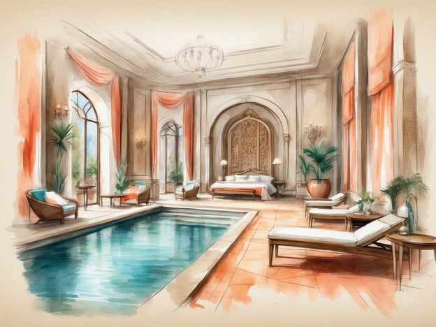 Auf dem Bild ist eine elegante Innenansicht eines Hotelzimmers oder einer Suite mit einem kleinen Pool zu sehen. Die raumhohen Fenster lassen viel Licht herein, und die Einrichtung wirkt luxuriös und einladend.
Das Hotel könnte besondere Angebote wie Wellness- und Entspannungspakete bewerben, die den Zugang zu diesem privaten Pool beinhalten. Zudem könnten Veranstaltungen wie romantische Wochenenden, private Feiern oder spezielle Spa-Behandlungen angeboten werden, um den Gästen ein unvergessliches Erlebnis zu bieten.