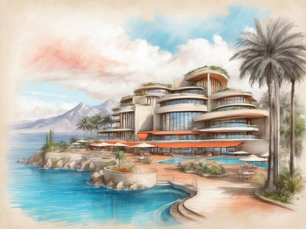 Auf dem Bild ist eine beeindruckende Villa oder ein luxuriöses Anwesen zu sehen, das sich direkt am Wasser befindet. Die Lage ist malerisch, mit Blick auf ein ruhiges Gewässer und bergige Landschaften im Hintergrund.
Die Architektur ist modern und geschwungen, mit großen Fenstern, die einen Blick auf die Umgebung bieten. Zum Anwesen gehören mehrere Pools und Sitzbereiche mit Sonnenschirmen, die zum Entspannen einladen. Palmen und Blumenbeete umgeben die Terrasse und schaffen eine tropische Atmosphäre. Dieses Anwesen scheint ideal für Erholung und Freizeitaktivitäten zu sein, sowohl im Innen- als auch im Außenbereich.