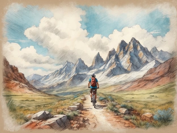 Auf dem Bild ist ein Radfahrer zu sehen, der einen Weg durch eine beeindruckende Berglandschaft entlangfährt. In der Umgebung gibt es zahlreiche Freizeitaktivitäten, die man genießen kann, wie:
- **Wandern**: Die Berge und das umliegende Gelände bieten zahlreiche Wanderwege für verschiedene Schwierigkeitsgrade.
- **Mountainbiking**: Die Strecke ist ideal für Mountainbiker und lädt zu abenteuerlichen Touren ein.
- **Fotografie**: Die malerische Landschaft ist ein perfekter Ort für Naturfotografen.
- **Picknicken**: Offene Flächen in der idyllischen Umgebung sind ideal für entspannte Picknicks.
- **Tierbeobachtung**: In dieser natürlichen Umgebung könnte man auch verschiedene Wildtiere beobachten.
Diese Aktivitäten machen die Region zu einem attraktiven Ziel für Naturliebhaber und Abenteuerlustige.