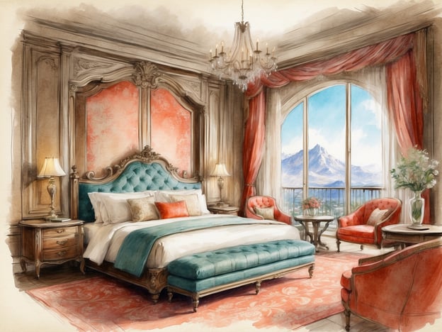 Auf dem Bild ist ein luxuriös gestaltetes Hotelzimmer zu sehen. Es hat ein elegantes, klassisches Design mit einer großen, gepolsterten Bettfläche in sanften Türkis- und Creme-Tönen. Die Wände sind mit einem zarten Rosaton versehen, während der Raum von einer stilvollen, kristallinen Deckenleuchte beleuchtet wird.
Neben dem Bett stehen zwei komfortable Sessel in einem kräftigen Rot, ergänzt durch einen kleinen Tisch. Große Fenster bieten einen atemberaubenden Blick auf eine Berglandschaft und lassen viel Tageslicht herein. Der Raum wirkt insgesamt sehr einladend und luxuriös, ideal für einen erholsamen Aufenthalt.