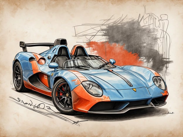 Auf dem Bild ist ein grafisches Rendering eines sportlichen Autos zu sehen, das eine auffällige blaue und orange Farbe hat. Um sicher im Umgang mit einem solchen Fahrzeug zu sein, sind wichtige Sicherheitsausrüstungen erforderlich, wie:1. **Helm**: Schützt den Kopf bei einem Unfall.2. **Schutzanzug**: Bietet Schutz vor Abrieb und Verletzungen.3. **Fahrerhandschuhe**: Verbessern den Grip am Lenkrad und schützen die Hände.4. **Sicherheitsschuhe**: Schützen die Füße und bieten Halt.5. **Gurt**: Wichtig für die Sicherheit während der Fahrt.Diese Ausrüstungen tragen dazu bei, die Sicherheit des Fahrers zu gewährleisten.