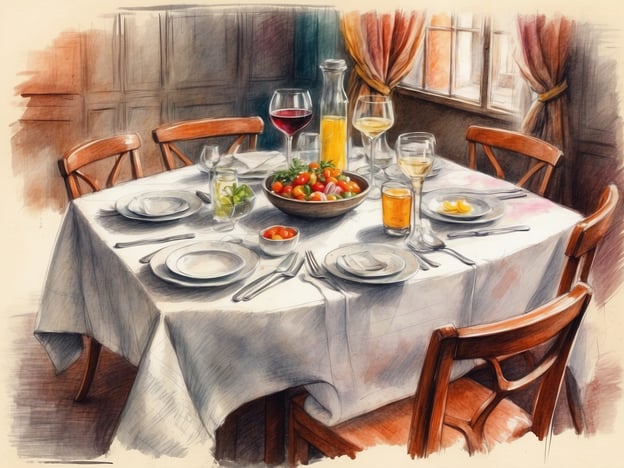 Auf dem Bild ist ein schön gedeckter Tisch in einem Hotelrestaurant zu sehen. Der Tisch ist mit einer weißen Tischdecke dekoriert und präsentiert eine Auswahl an Getränken, darunter Rotwein, ein frischer Cocktail und ein Glas Orangensaft. Außerdem steht eine Schüssel mit bunten, frischen Tomaten auf dem Tisch, umgeben von mehreren Tellern und Gläsern.
Diese Szene könnte in einem Hotelrestaurant stattfinden, wo Gästen eine vielfältige Speisekarte angeboten wird, die sowohl leichte Salate als auch erfrischende Getränke umfasst. Solche gastronomischen Angebote sind typischerweise Teil eines gehobenen Hotelaufenthalts, um den Gästen ein angenehmes und entspanntes Erlebnis zu bieten.