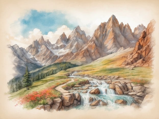 Auf dem Bild ist eine wunderschöne Berglandschaft zu sehen, umgeben von hohen, steilen Bergen und sanften Hügeln. Ein klarer Fluss fließt über die Steine und wird von blühenden Blumen und grünen Wiesen flankiert.
In dieser idyllischen Umgebung könnten Aktivitäten wie Wandern, Radfahren oder Picknicken stattfinden. Man könnte sich auch am Fluss entspannen oder die Natur erkunden. Die Szene lädt dazu ein, die frische Luft und die Schönheit der Natur zu genießen.