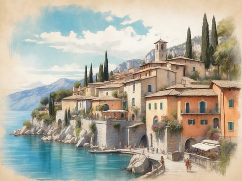 Malerischer Ort Torri del Benaco am Gardasee mit bunten Häusern und einer schönen Burg. Die gewundene Küstenlinie bietet einen Blick auf das glitzernde Wasser des Sees, umgeben von sanften Hügeln und hohen Zypressen. Kleine Boote liegen am Ufer, während Menschen die charmante Atmosphäre genießen. Im Hintergrund zeichnen sich majestätische Berge ab und der Himmel erstrahlt in hellen Blau- und Weißtönen.