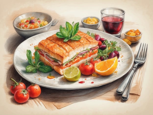 Auf dem Bild sind köstliche kulinarische Genüsse zu sehen, die eine spannende gastronomische Vielfalt repräsentieren. Im Vordergrund befindet sich ein reichhaltiges Sandwich, das perfekt geröstet ist und mit frischen Zutaten wie Schinken und Gemüse gefüllt ist. Dazu sind frische Tomaten, Limetten- und Orangenscheiben sowie grüne Kräuter angerichtet, die die Farbenpracht und Frische des Gerichts unterstreichen.
Außerdem gibt es eine Schüssel mit einer erfrischenden Salatmischung, die mit bunten Gemüsesorten verfeinert ist, sowie ein Glas Getränk, das das Ensemble abrundet. Diese Arrangement schafft ein harmonisches und appetitliches Gesamterlebnis, das sowohl Augen als auch Gaumen erfreut.