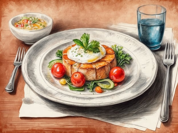 Auf dem Bild befindet sich ein kunstvoll angerichtetes Gericht, das den Gaumen erfreuen könnte. Es zeigt eine Hauptspeise auf einem eleganten Teller, die möglicherweise aus einer herzhaften Zutat zubereitet wurde, umgeben von frischem Gemüse wie Kirschtomaten und Salat. Ein Spiegelei krönt das Gericht, was eine zusätzliche Cremigkeit und einen herzhaften Geschmack verspricht.
Neben dem Hauptgericht gibt es eine kleine Schüssel mit einer Beilage oder einer Suppe, die ansprechend aussieht und die Geschmacksvielfalt ergänzt. Ein Glas Wasser steht ebenfalls bereit, um das kulinarische Erlebnis abzurunden. Insgesamt vermittelt das Bild einen Eindruck von sorgfältig zubereiteten und ansprechend servierten Speisen, die für Feinschmecker und Liebhaber der Gastronomie ein Genuss sein dürften.