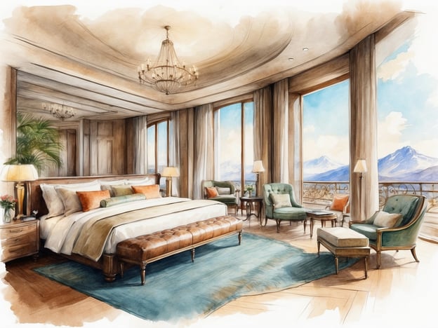 Auf dem Bild ist ein luxuriöses Hotelzimmer zu sehen. Der Raum ist großzügig geschnitten und bietet eine beeindruckende Aussicht auf Berge, die durch große Fenster sichtbar sind.
Die Einrichtung besteht aus einem großen, bequemen Bett mit dekorativen Kissen und einer stilvollen Bettbank. Neben dem Bett stehen Nachttische mit Lampen und einer kleinen Blumenvase.
Im Zimmer befinden sich zudem gemütliche Sitzgelegenheiten in sanften Farben, die eine entspannende Atmosphäre schaffen. Der Boden ist elegant gestaltet, und ein Teppich ergänzt die Einrichtung. Die gesamte Raumgestaltung wirkt harmonisch und einladend, ideal für einen komfortablen Aufenthalt.