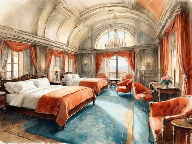 Auf dem Bild ist ein elegantes Hotelzimmer zu sehen, das mit einem klassischen und stilvollen Design ausgestattet ist. Es gibt zwei große Betten mit weißen Bettwäsche und roten Überdecken, sowie gemütliche Sitzgelegenheiten in der Nähe der Fenster. Der Raum wirkt hell und einladend dank der großen Fenster, durch die viel Licht fällt.
Das Leonardo Hotel in Weimar ist bekannt für seine hohe Qualität und komfortable Unterkunft. Es bietet eine stilvolle Atmosphäre, die sowohl für Geschäftsreisende als auch für Urlauber attraktiv ist. Die elegante Ausstattung, wie auch im dargestellten Zimmer, spiegelt die Kombination aus modernem Komfort und historischem Charme wider, die Weimar als Kulturstadt bietet.