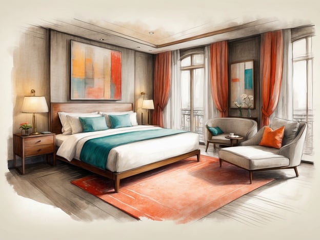 Auf dem Bild ist eine stilisierte Darstellung eines Hotelzimmers zu sehen. Das Zimmer verfügt über ein großes Bett mit einer blauen Bettdecke und farblich abgestimmten Kissen. Es gibt zwei Nachttische mit Lampen, sowie einen gemütlichen Sessel und einen kleinen Tisch. Die Wände sind mit modernen Kunstwerken dekoriert, und große Fenster lassen viel Licht herein, was dem Raum eine helle und einladende Atmosphäre verleiht.
Das Leonardo Hotel Wolfsburg City Center bietet komfortable Unterkünfte und liegt zentral in Wolfsburg. Es ist bekannt für seine modernen Zimmer, die gut ausgestattet sind, sowie für Annehmlichkeiten wie ein Restaurant, eine Bar und Tagungsräume. Gäste schätzen die Kombination aus stilvollem Design und praktischer Lage in der Nähe der wichtigsten Sehenswürdigkeiten der Stadt.