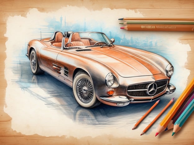 Auf dem Bild ist eine stilisierte Zeichnung eines klassischen sportlichen Autos zu sehen, das an einen Mercedes-Benz angelehnt ist. Die Farben und Details des Wagens sind sorgfältig ausgearbeitet, wodurch das Design besonders hervortritt.
Zusätzlich sind verschiedene Buntstifte zu sehen, die darauf hindeuten, dass dieses Bild möglicherweise von jemandem erstellt wurde, der gerne zeichnet oder kreativ arbeitet. Die Gesamtkomposition vermittelt ein Gefühl von Eleganz und Handwerkskunst.
Wenn Sie an Annehmlichkeiten und Serviceangeboten interessiert sind, könnten Sie über verschiedene kreative Workshops nachdenken, in denen Sie lernen, solche Zeichnungen selbst zu erstellen. Alternativ könnten Sie spezielle Materialien wie hochwertige Buntstifte oder Zeichenblöcke erwerben, um Ihre eigenen Kunstwerke zu schaffen.