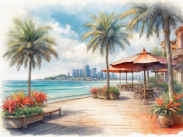 Auf dem Bild ist eine malerische Landschaft zu sehen, die eine Aussicht auf einen Strand und eine Stadt im Hintergrund bietet. Im Vordergrund gibt es eine Holzterrasse, die mit schönen Topfpflanzen und bunten Blüten dekoriert ist. Mehrere Sonnenschirme in leuchtenden Farben spenden Schatten über Tischen und Stühlen, die zum Verweilen einladen.
Die Umgebung ist von Palmen gesäumt, die eine tropische Atmosphäre vermitteln. Im Hintergrund sieht man eine moderne Skyline mit hohen Gebäuden, die entfernt am Horizont entlang verläuft. Der Himmel ist klar mit einigen Wolken, und das Meer hat sanfte Wellen, die den Strand erreichen. Die gesamte Szene strahlt eine entspannte, einladende Stimmung aus.