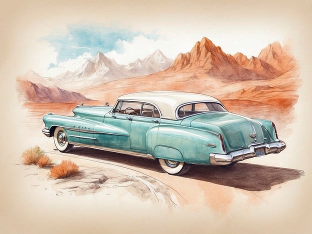 Auf dem Bild ist ein klassisches Auto in einer malerischen Wüstenlandschaft zu sehen. Das Fahrzeug ist in einem hellen Blau mit einem weißen Dach gehalten und steht auf einer kurvenreichen Straße, eingerahmt von beeindruckenden bergigen Formationen im Hintergrund. Die Farben sind sanft und verleihen dem Bild einen nostalgischen, fast romantischen Charakter, der an frühere Zeiten erinnert.
Es handelt sich um eine künstlerische Darstellung, die eine entspannte, friedliche Atmosphäre vermittelt und den Betrachter in eine andere Zeit versetzt.