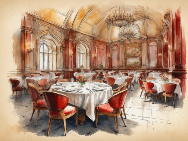 Auf dem Bild ist ein elegantes Restaurant in einem Hotel zu sehen. Die Einrichtung strahlt eine gehobene Atmosphäre aus, mit prachtvollen Wänden, einem hohen Gewölbe und einem stilvollen Kronleuchter. Die Tische sind schön gedeckt mit weißen Tischdecken und edlem Geschirr, während kleine Blumenarrangements als Dekoration dienen.
Solch ein Ambiente bietet ideale kulinarische Erlebnisse, in denen Gäste die Köstlichkeiten der Hotelküche genießen können. Von raffinierten Menüs bis zu exquisiten Weinen – hier wird Essen zu einem unvergesslichen Erlebnis.