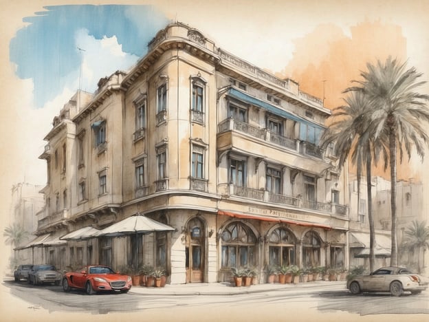 Auf dem Bild ist eine stilisierte Darstellung eines Gebäudes zu sehen, das dem Hotel Rothschild 22 in Tel Aviv ähnelt. Es handelt sich um ein elegantes, historisches Bauwerk mit einem klassischen architektonischen Stil. Die Fassade ist hell, mit großen Fenstern und Balkonen, während im Vordergrund Palmen und Blumen in Töpfen zu sehen sind. Es stehen auch einige Autos auf der Straße, was eine lebendige städtische Atmosphäre vermittelt.
Das Hotel Rothschild 22 ist bekannt für seinen Charme und seine zentrale Lage in Tel Aviv. Es bietet eine Mischung aus modernem Komfort und historischen Elementen und ist ein beliebter Ort für Reisende, die die Kultur und das Nachtleben der Stadt erkunden möchten.