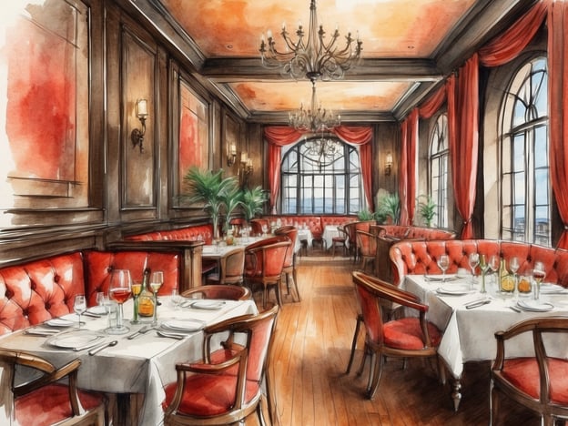 Auf dem Bild ist ein elegantes Restaurant zu sehen, das eine gehobene Atmosphäre ausstrahlt. Die Einrichtung ist geprägt von roten Polsterbänken und einem warmen Holzfußboden, was eine gemütliche und zugleich luxuriöse Stimmung schafft. Die Tische sind schön gedeckt mit weißen Tischdecken, Geschirr und Gläsern.
Die großen Fenster lassen viel Licht herein und bieten vermutlich einen schönen Ausblick. Der Raum wird durch Kronleuchter und stilvolle Wandleuchten beleuchtet. Diese Art von Restaurant könnte Teil eines Hotels sein, das seinen Gästen exklusive Speisen und Getränke in einem ansprechenden Ambiente anbietet.
Zusätzlich könnten in einem angrenzenden Bereich oder in der Nähe auch Bars vorhanden sein, die Cocktails und andere Getränke in einem ebenso eleganten Setting servieren.
