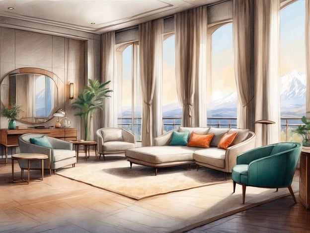 Auf dem Bild ist ein modern gestaltetes Wohnzimmer zu sehen. Es gibt große Fenster, die einen herrlichen Ausblick auf die Berge bieten. Die Räume sind hell und freundlich, mit sanften Farben.**Zimmer und Annehmlichkeiten:**- **Sitzbereich:** Bequeme Sofas und Sessel mit bunten Kissen laden zum Entspannen ein.- **Dekoration:** Ein stilvolles Sideboard mit einer Lampe und floralen Akzenten sorgt für Gemütlichkeit.- **Beleuchtung:** Großzügige Fensterelemente bringen viel Tageslicht in den Raum.- **Pflanzen:** Eine Pflanze bringt einen natürlichen Touch und frische Luft in die Atmosphäre.Das insgesamt elegante Design vermittelt ein Gefühl von Luxus und Komfort.