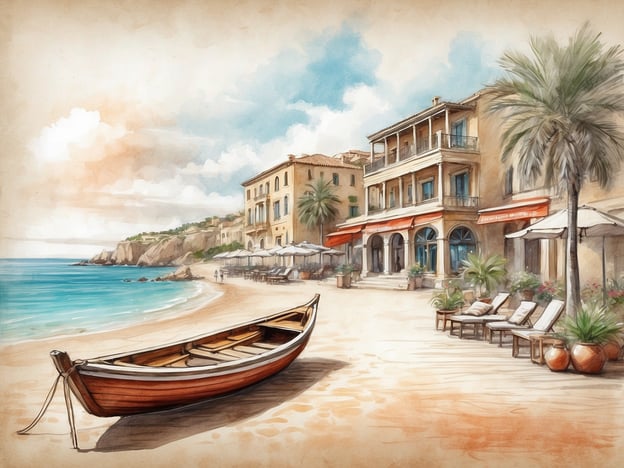 Auf dem Bild ist eine schöne Küstenlandschaft mit einem Sandstrand, einer ruhigen See und einem typischen Boot zu sehen. Im Hintergrund stehen hübsche Gebäude, möglicherweise ein Restaurant oder ein Hotel, umgeben von Palmen und Liegestühlen.Hier sind einige Tipps für einen gelungenen Aufenthalt an einem solchen Ort:1. **Sonnencreme verwenden**: Schutz vor der Sonne ist wichtig, um Sonnenbrand zu vermeiden.2. **Frühzeitig buchen**: Reserviere Unterkünfte und Restaurants im Voraus, besonders in der Hochsaison.3. **Lokale Küche probieren**: Nutze die Gelegenheit, regionale Spezialitäten zu genießen.4. **Aktivitäten planen**: Ob Wassersport oder Wanderungen, plane ein paar Aktivitäten, um das Beste aus deinem Aufenthalt herauszuholen.5. **Entspannung genießen**: Nimm dir Zeit, um am Strand oder am Pool zu entspannen.6. **Fotos machen**: Halte die schönen Momente fest, um Erinnerungen zu schaffen.Viel Spaß und gute Erholung!
