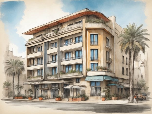 Auf dem Bild ist eine künstlerische Darstellung eines Gebäudes zu sehen, das wahrscheinlich das Leonardo Boutique Hotel in Tel Aviv zeigt. Das Hotel präsentiert sich mit einer modernen Architektur, großen Fenstern und Balkonen, die mit Pflanzen geschmückt sind. Vor dem Hotel sind Palmen und blühende Pflanzen in Töpfen zu sehen, was eine einladende Atmosphäre schafft.Das Leonardo Boutique Hotel Tel Aviv ist bekannt für seine zentrale Lage und komfortable Unterkünfte. Es bietet Gästen Annehmlichkeiten wie ein Restaurant, eine Bar und möglicherweise ein Fitnesscenter. Die stilvolle Einrichtung und die Nähe zu beliebten Sehenswürdigkeiten machen es zu einer attraktiven Wahl für Reisende.