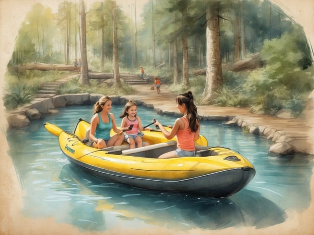 Drei Personen sitzen in einem gelben Kajak auf einem ruhigen Gewässer, umgeben von einer bewaldeten Landschaft. Zwei Frauen und ein Kind genießen die entspannte Atmosphäre. Im Hintergrund sind Spaziergänger auf einem Waldweg zu sehen, der durch hohe, grüne Bäume führt. Die Szenerie vermittelt ein Gefühl von Freizeit und Naturverbundenheit. Welcher der Center Parcs ist der Beste?