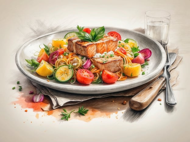 Auf dem Bild ist ein kunstvoll angerichteter Teller mit gegrilltem Lachs zu sehen, der auf einem Bett aus Pasta serviert wird. Der Lachs sieht saftig aus und ist mit frischen Kräutern garniert. Um die Pasta herum befinden sich bunte Gemüsesorten wie Kirschtomaten, Gurken und Zitrusfrüchte, die dem Gericht eine lebendige Note verleihen.Dieses Gericht könnte man in einem gehobenen Restaurant genießen, das sich auf mediterrane oder kreative Küche spezialisiert hat. Es bietet eine harmonische Kombination aus Aromen und Texturen, ideal für ein kulinarisches Erlebnis, das sowohl ansprechend aussieht als auch köstlich schmeckt. Ein passendes Getränk dazu wäre ein Glas frischer Weißwein oder ein spritziges Mineralwasser.