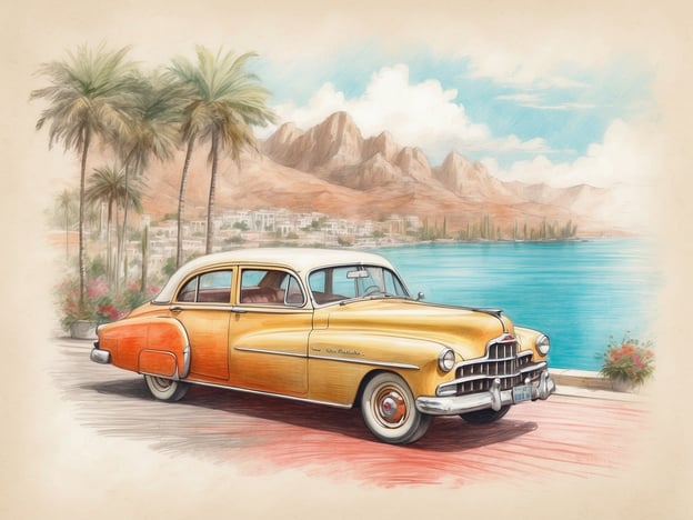 Ein klassisches Auto mit einer zweifarbigen Lackierung in Orange und Gelb steht am Ufer eines Gewässers. Im Hintergrund sind Palmen, Berge und eine kleine Stadt zu sehen. Der Himmel ist blau mit einigen weißen Wolken, und die Szenerie vermittelt ein entspanntes Urlaubsgefühl.