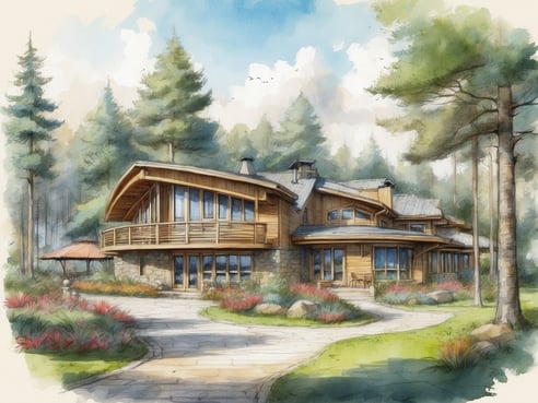 Ein modernes Ferienhaus aus Holz mit großen Fenstern und einer geschwungenen Dachlinie steht im Mittelpunkt des Bildes. Umgeben von grünen Bäumen und einem gepflegten Garten, der mit bunten Blumen und Sträuchern bepflanzt ist, führt ein gepflasterter Weg zur Eingangstür des Hauses. Im Vordergrund ist eine überdachte Sitzgelegenheit sichtbar, die eine entspannte Atmosphäre ausstrahlt. Der Himmel zeigt sich in sanften Farben und verleiht der Szene eine einladende Stimmung.