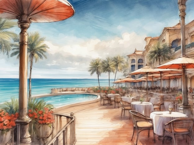 Auf dem Bild ist eine elegante Außenterrasse mit Blick auf das Meer zu sehen, umgeben von Palmen und mit Tischen, die für Gäste vorbereitet sind. Die Szenerie vermittelt ein Gefühl von Entspannung und Luxus, ideal für ein Hotel-Restaurant.
Das NYX Hotel Tel Aviv ist bekannt für seinen modernen Stil und seine zentrale Lage. Es bietet eine Kombination aus Komfort und städtischem Flair, ideal für Reisende, die das pulsierende Leben der Stadt genießen möchten. Die Dachterrasse des Hotels bietet einen atemberaubenden Blick auf die Küste und ist ein beliebter Ort für Gäste, um sich zu entspannen und die Aussicht zu genießen. Ein Aufenthalt im NYX Hotel kombiniert urbanes Erlebnis mit Annehmlichkeiten, die zu einem unvergesslichen Aufenthalt in Tel Aviv einladen.